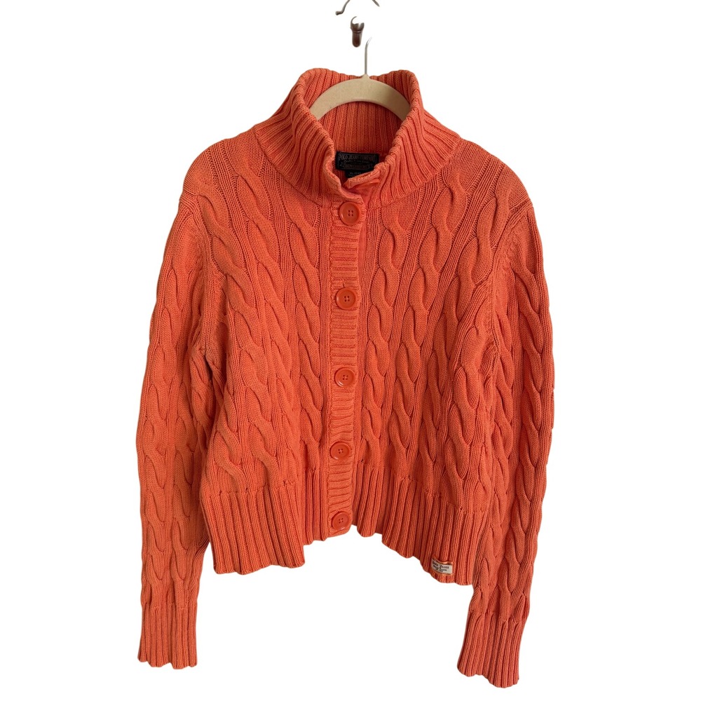 Polo Jeans Co Ralph Lauren Orange Cable Knit Cardigan Mock Neck Cotton XL